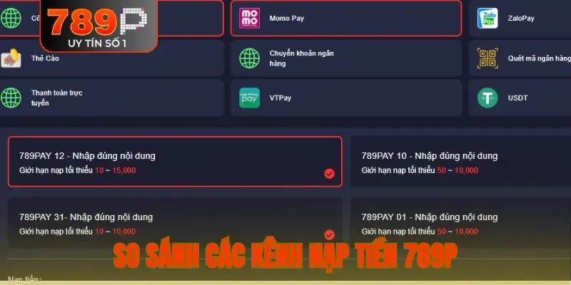 So sánh các kênh nạp tiền 789P